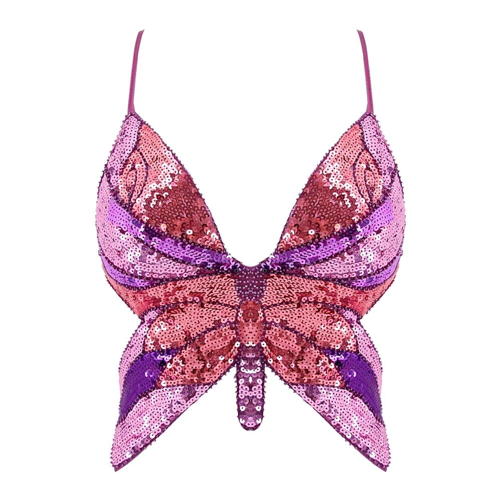 4862 ’s Sexy Butterfly Shape Sequin Crop Top Bandage Lace up Tank Top Belly